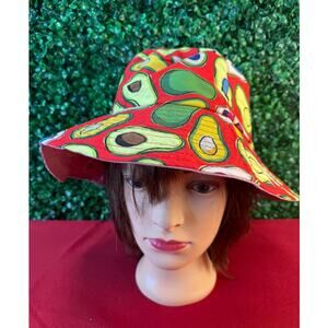 NWT Odiva Bucket Hat Red Avocado Print Summer Festival Cap Tropical Floral